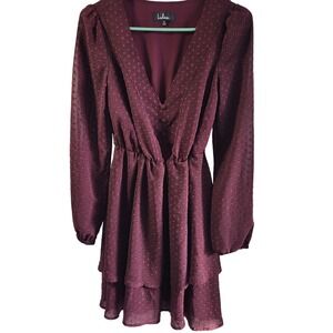 Lulus Burgundy Burnout Dot Long Sleeve Ruffle Tiered Mini Dress XS
